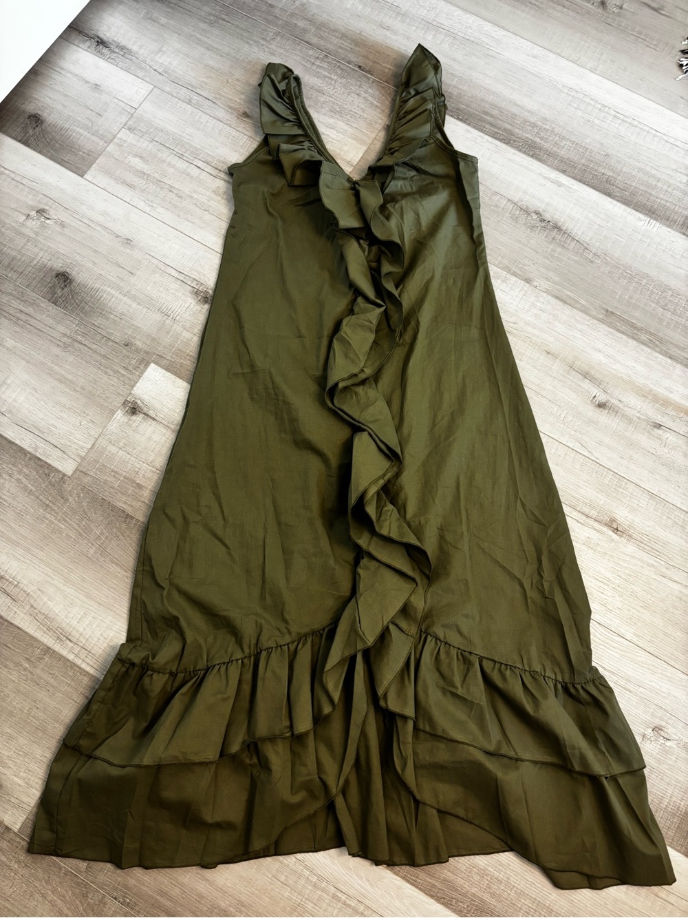 SHEIN Olive Green Maxi Dress Ruffle Tiered Boho Cottagecore Sleeveless